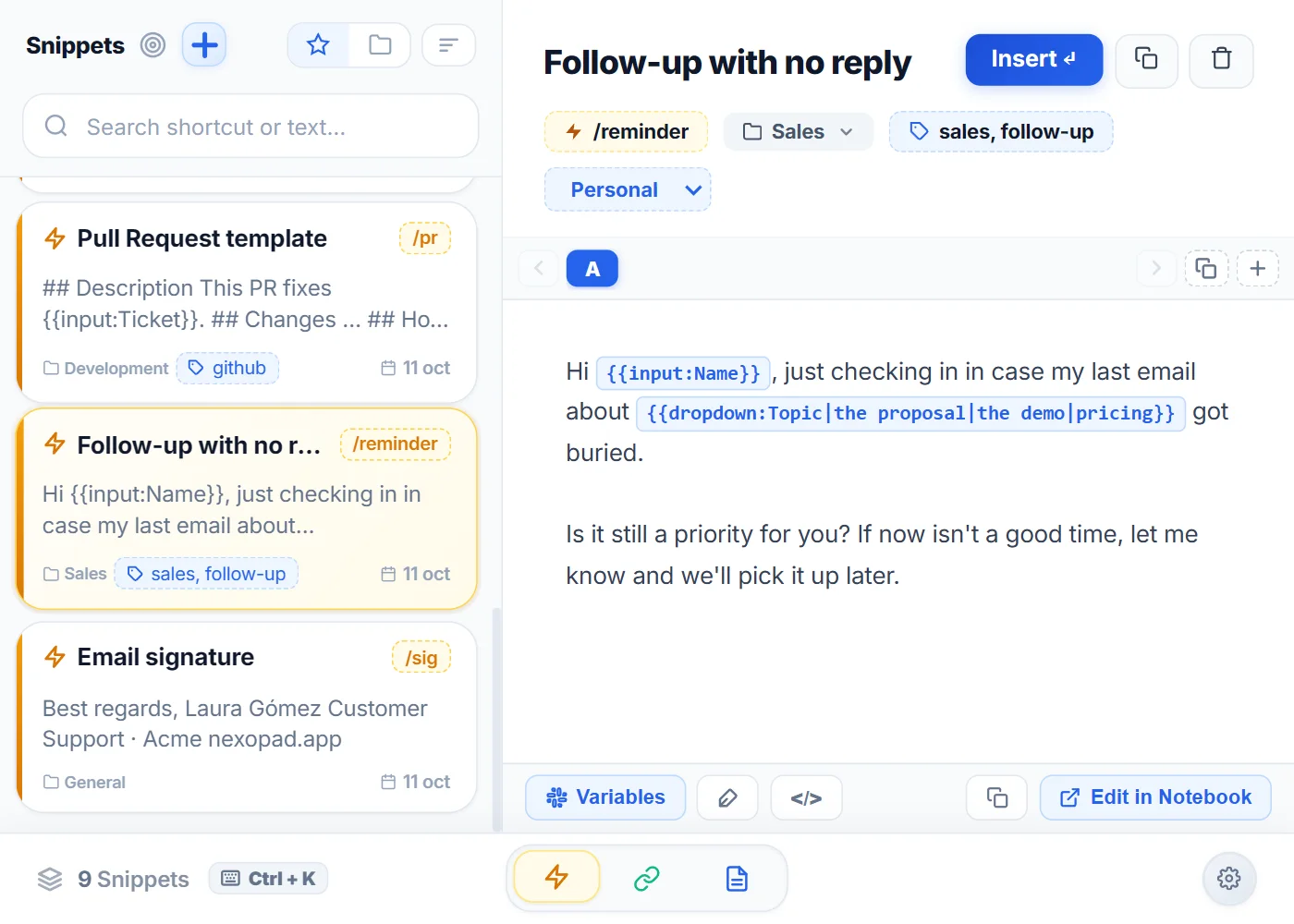 NexoPad Snippets view