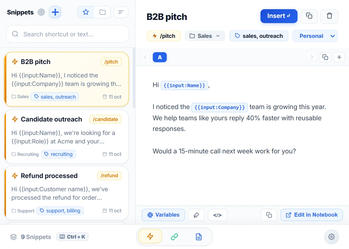 NexoPad Snippets view