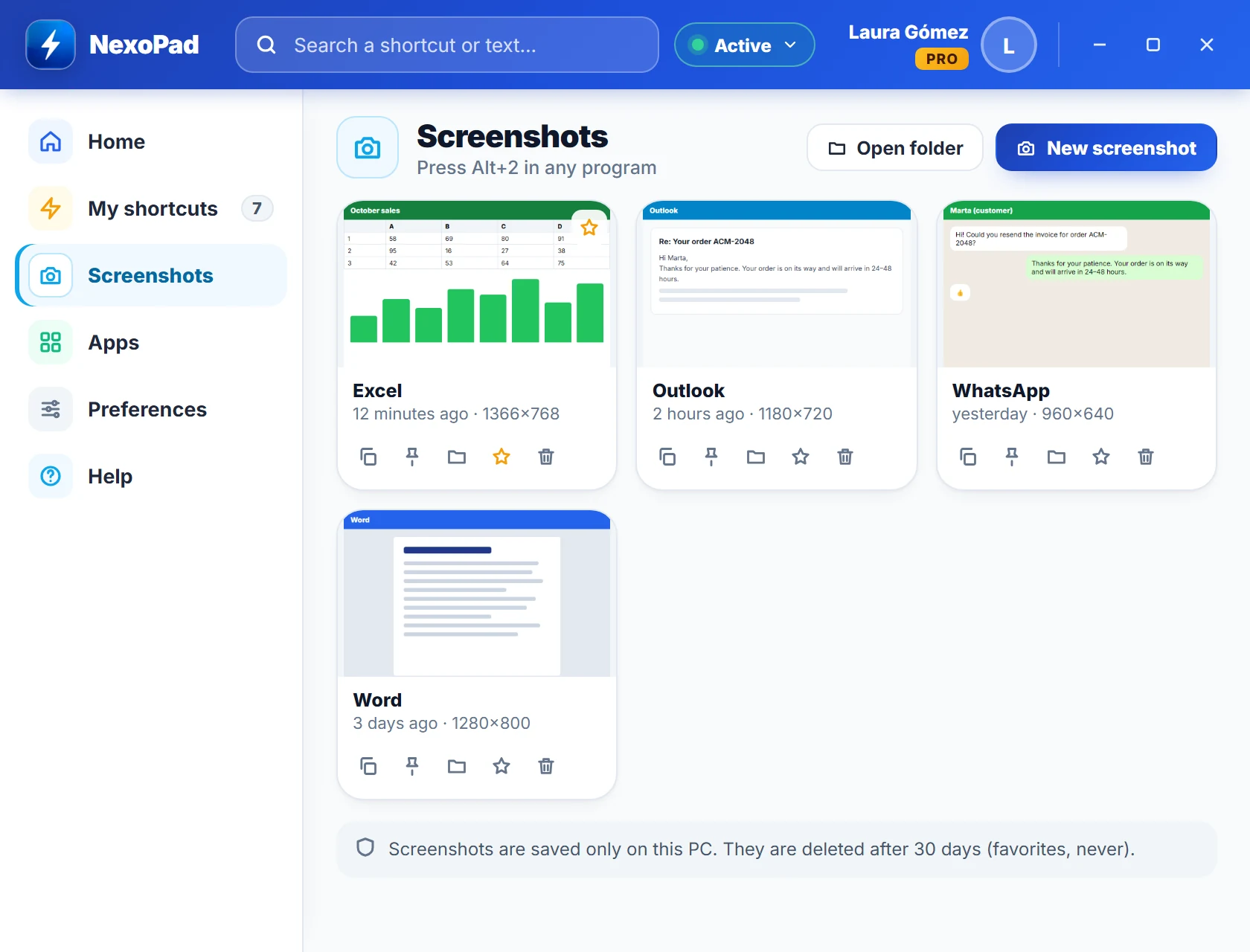 Seite Screenshots in NexoPad für Windows mit vier aktuellen Screenshots aus Excel, Outlook, WhatsApp und Word