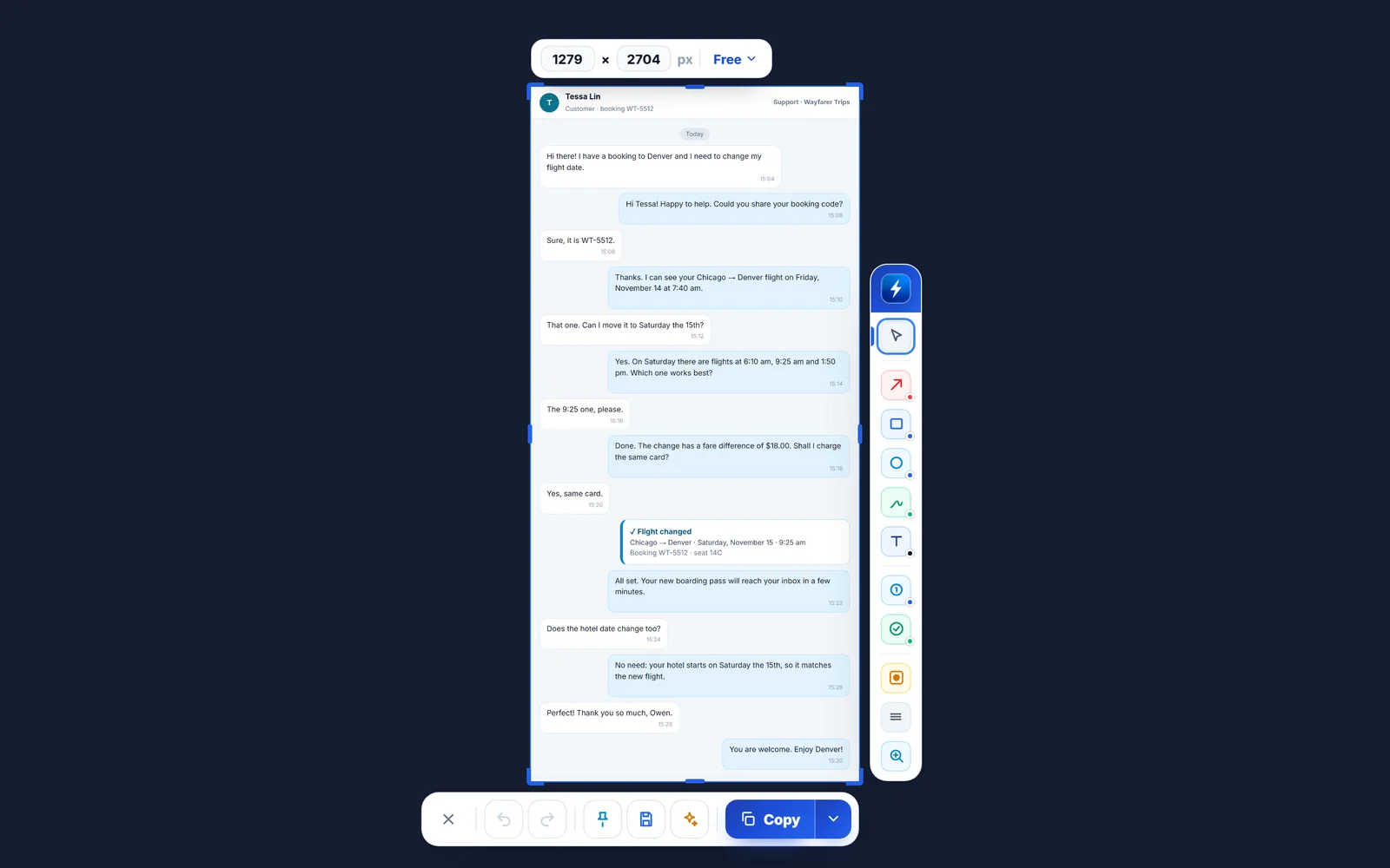 Image longue d'une conversation de support, assemblée par la capture avec défilement et ouverte dans l'éditeur