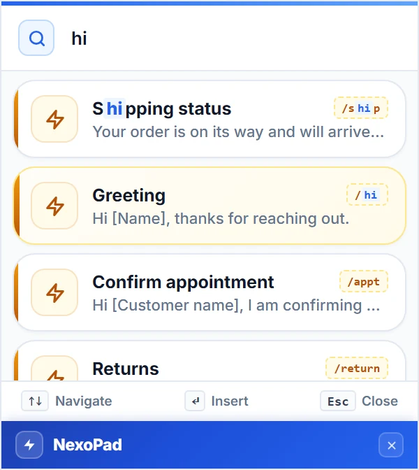 //-Suche von NexoPad für Windows mit getipptem „hi“ und Ergebnissen wie Shipping status und Greeting