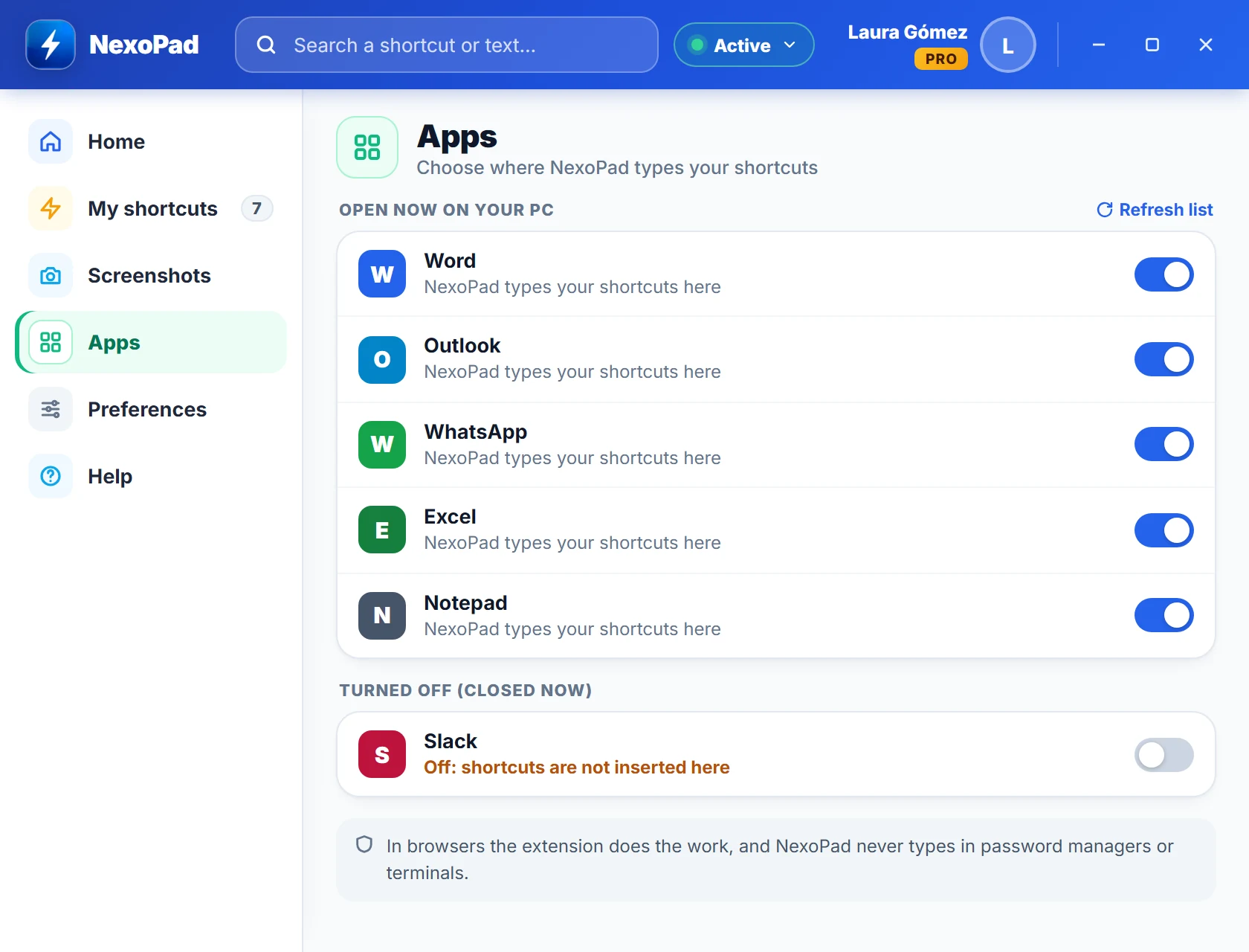 Seite Programme von NexoPad für Windows mit Schaltern für Word, Outlook, WhatsApp, Excel und den Editor, Slack ist ausgeschaltet