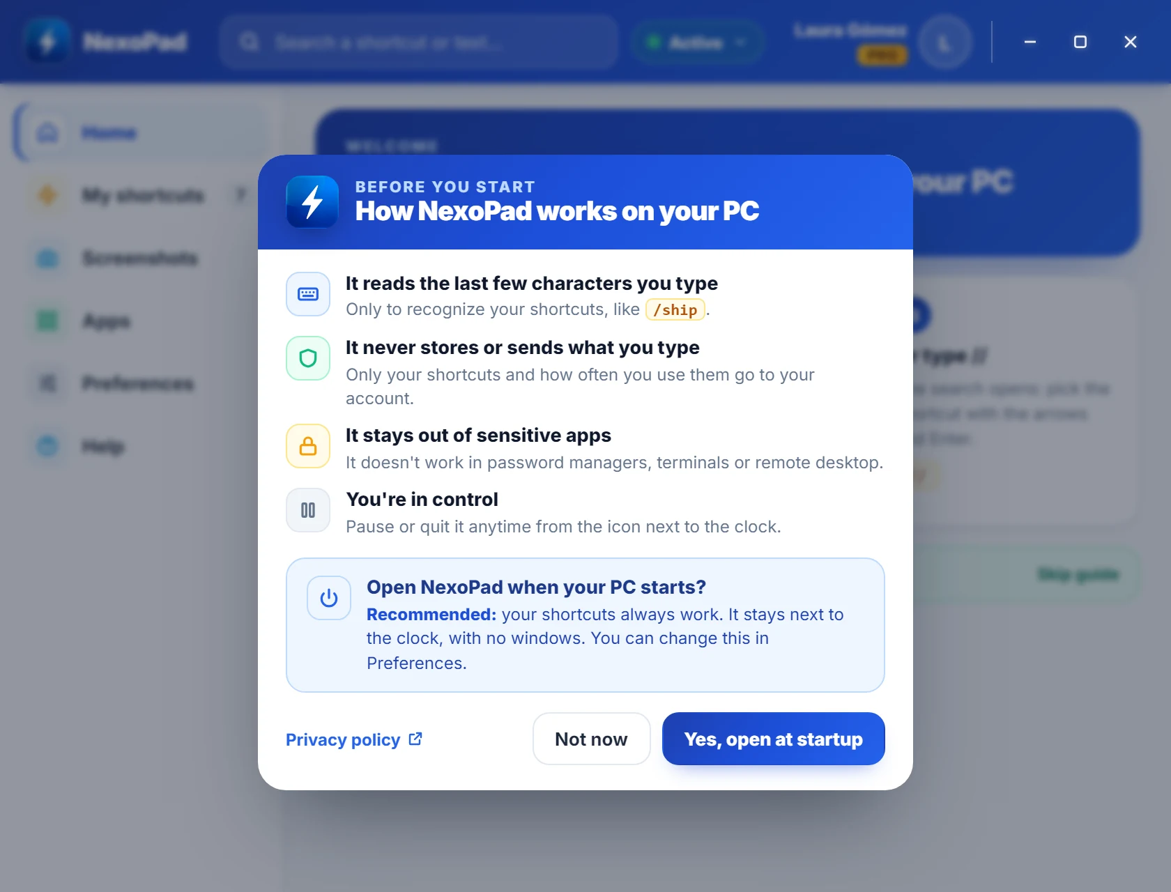 Fenster „Bevor es losgeht“ von NexoPad für Windows mit der Frage, ob es beim Start des PCs öffnen soll