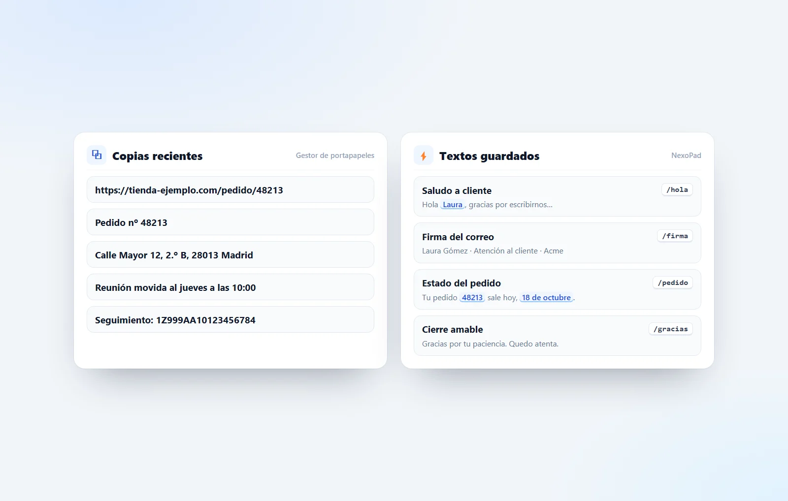 Historial del portapapeles con copias recientes junto a los textos guardados con atajo en NexoPad
