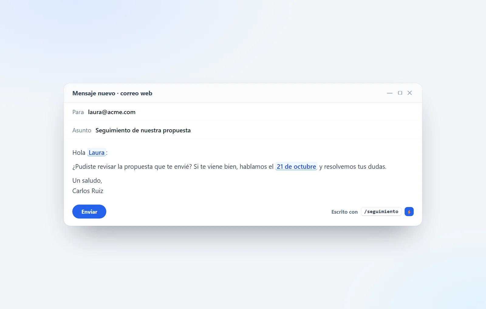 Correo de seguimiento insertado con un atajo en un correo web, con el nombre y la fecha ya puestos