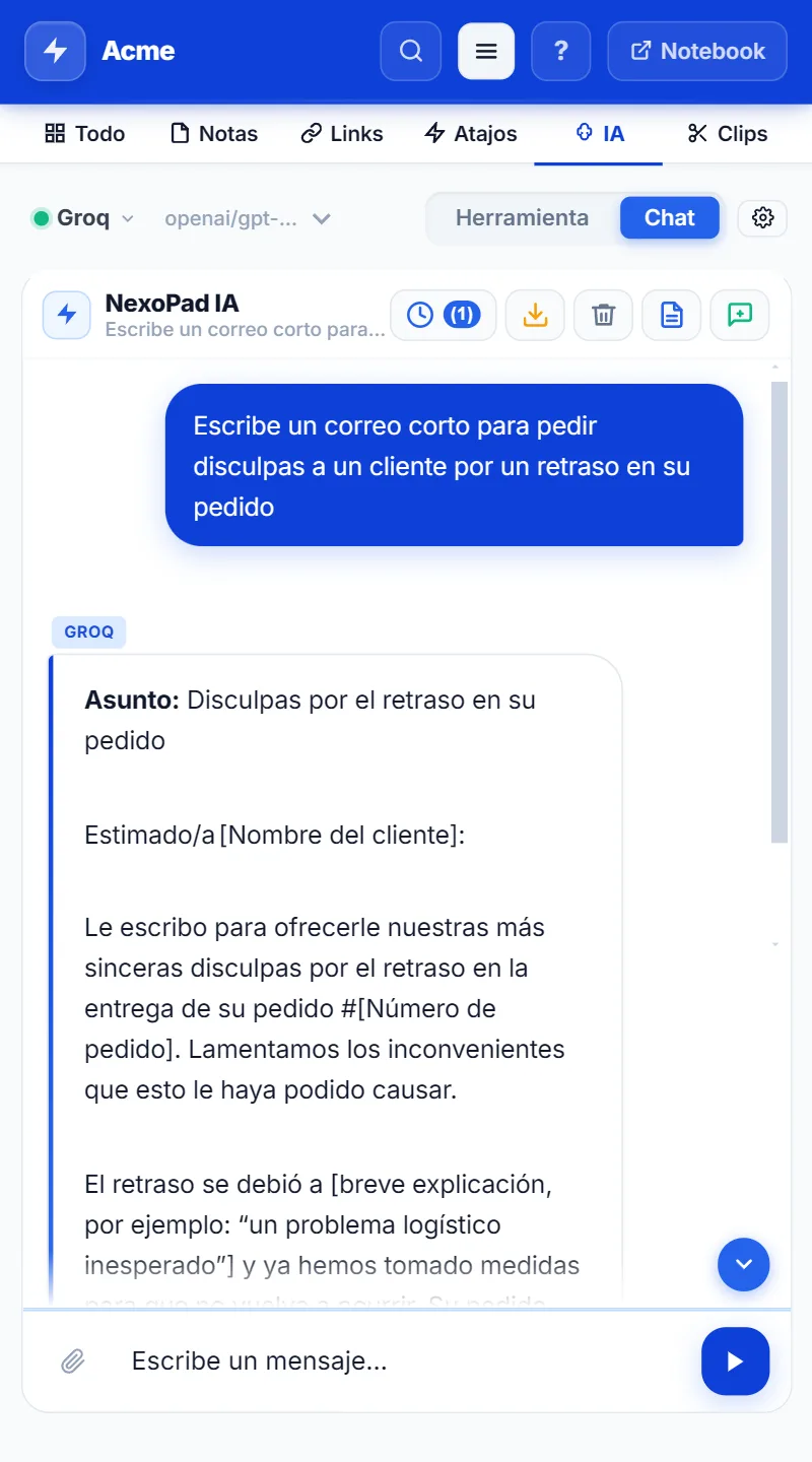 Chat de IA en el panel lateral de NexoPad con un correo de disculpa
