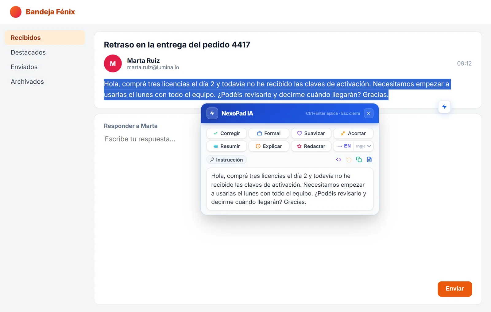 Cuadro de IA de NexoPad abierto sobre un correo seleccionado