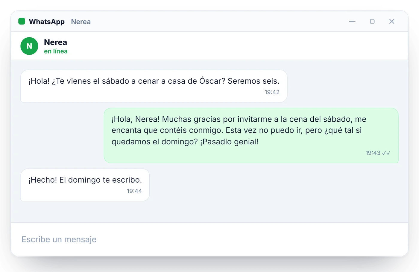 El mismo chat de WhatsApp con la respuesta amable para rechazar la cena ya escrita