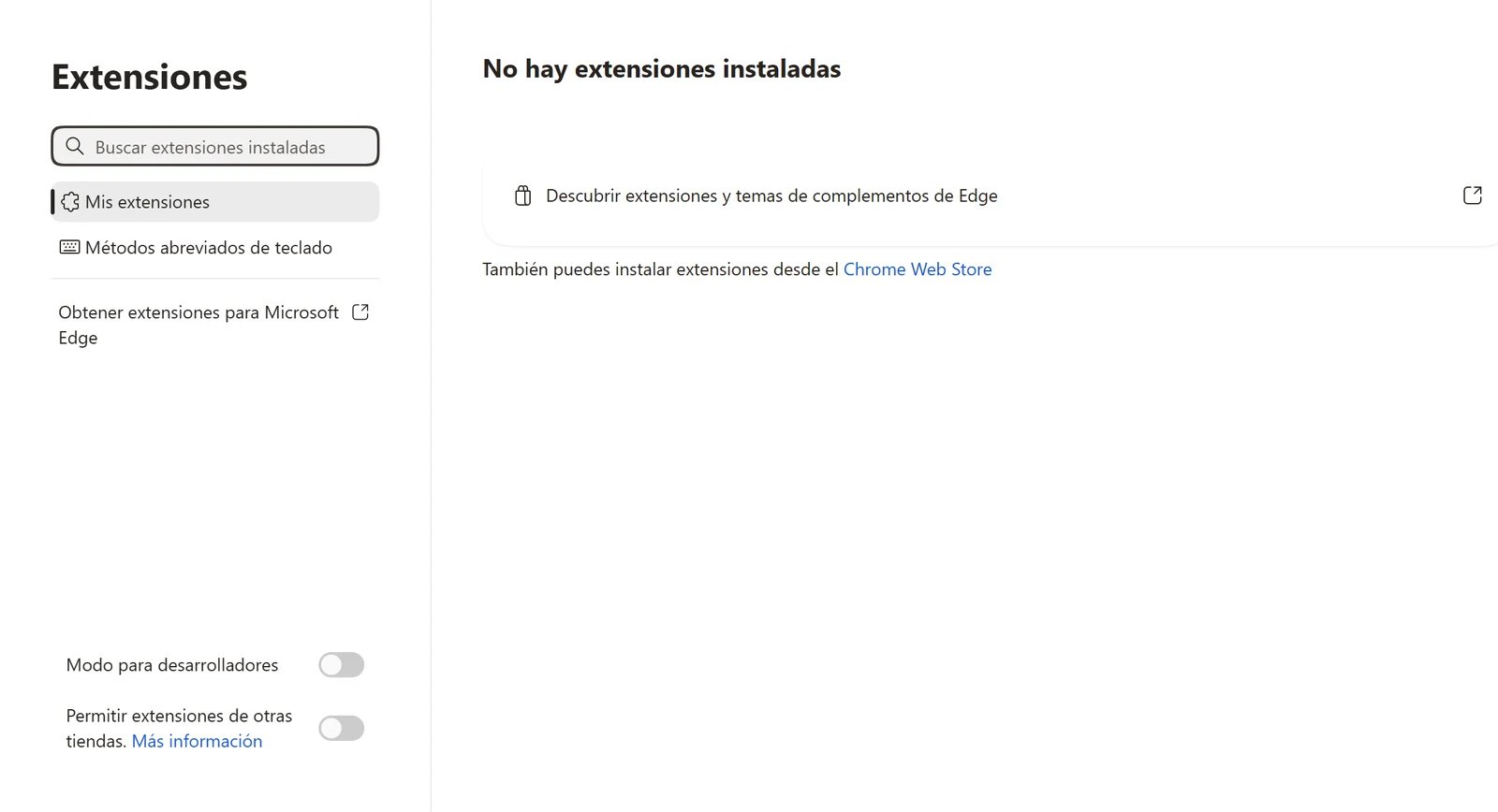 Página edge://extensions de Microsoft Edge con el buscador, Mis extensiones, Métodos abreviados de teclado y los interruptores Modo para desarrolladores y Permitir extensiones de otras tiendas