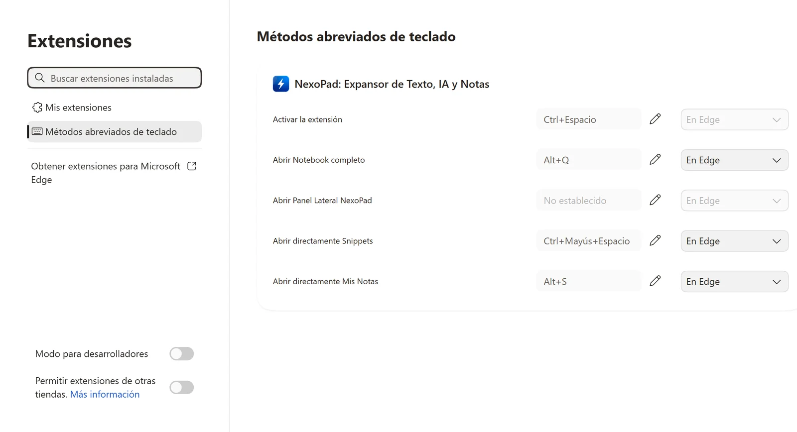 Página edge://extensions/shortcuts con los atajos de NexoPad: Activar la extensión Ctrl+Espacio, Abrir Notebook completo Alt+Q, Abrir directamente Snippets Ctrl+Mayús+Espacio y Abrir directamente Mis Notas Alt+S