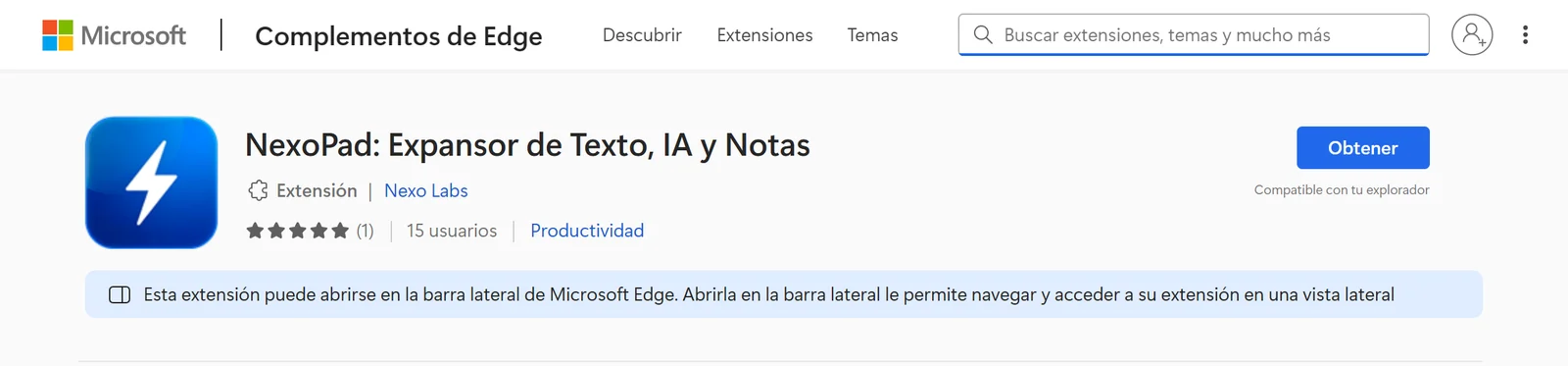 Página de NexoPad en la tienda Complementos de Edge con el botón Obtener