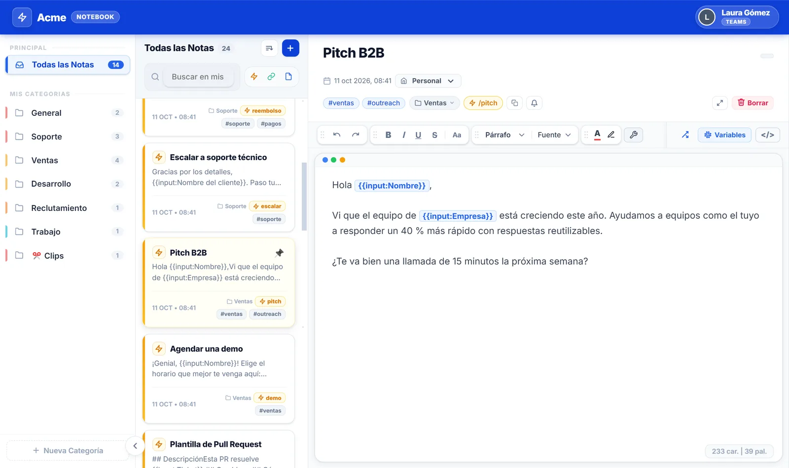 Notebook de NexoPad a pantalla completa con una plantilla de ventas abierta
