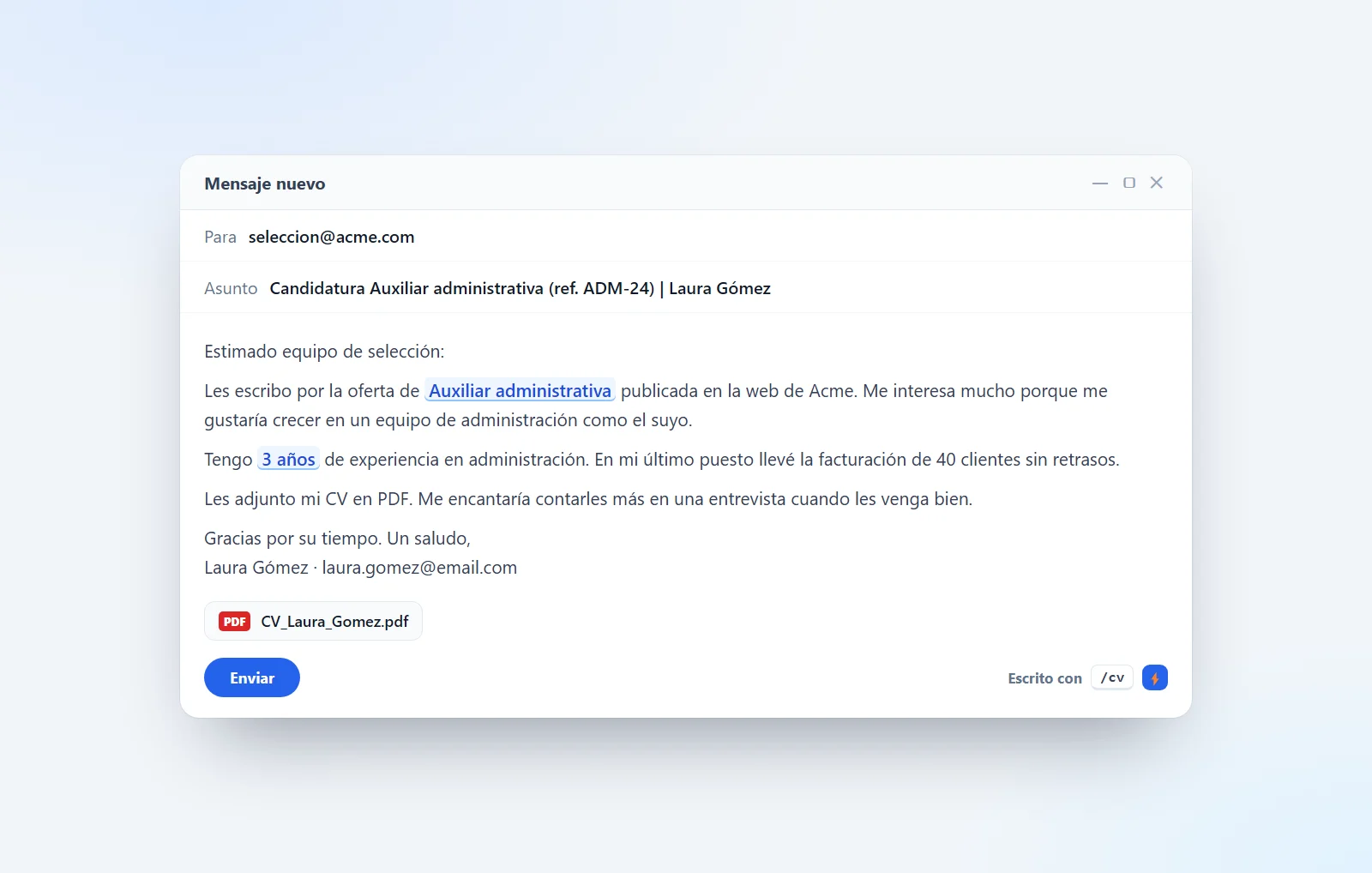 Ejemplo de correo para enviar el currículum a una oferta de empleo, con el CV en PDF adjunto