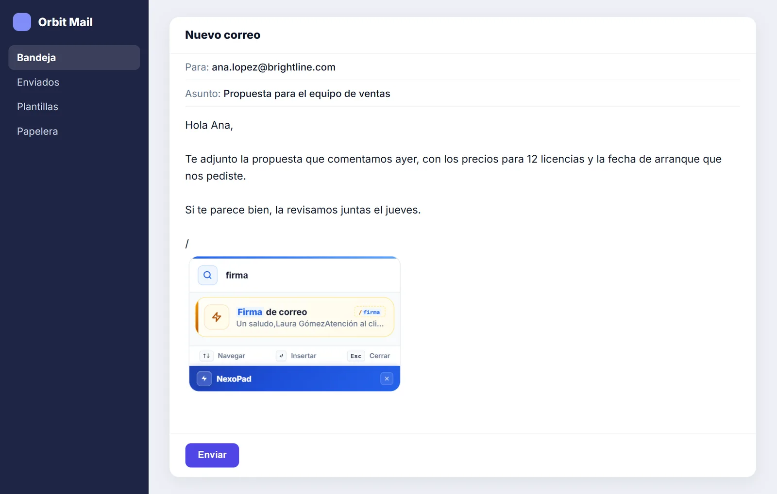 Buscador de NexoPad mostrando la firma de correo dentro de un correo nuevo