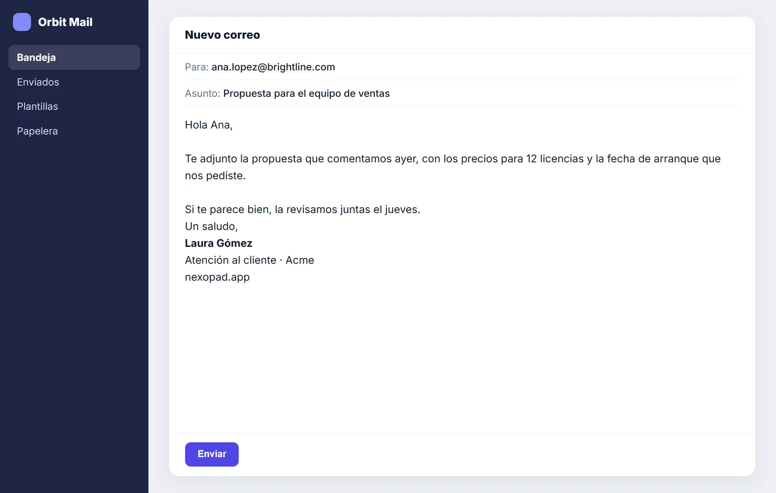Firma de correo insertada al final de un correo con nombre en negrita