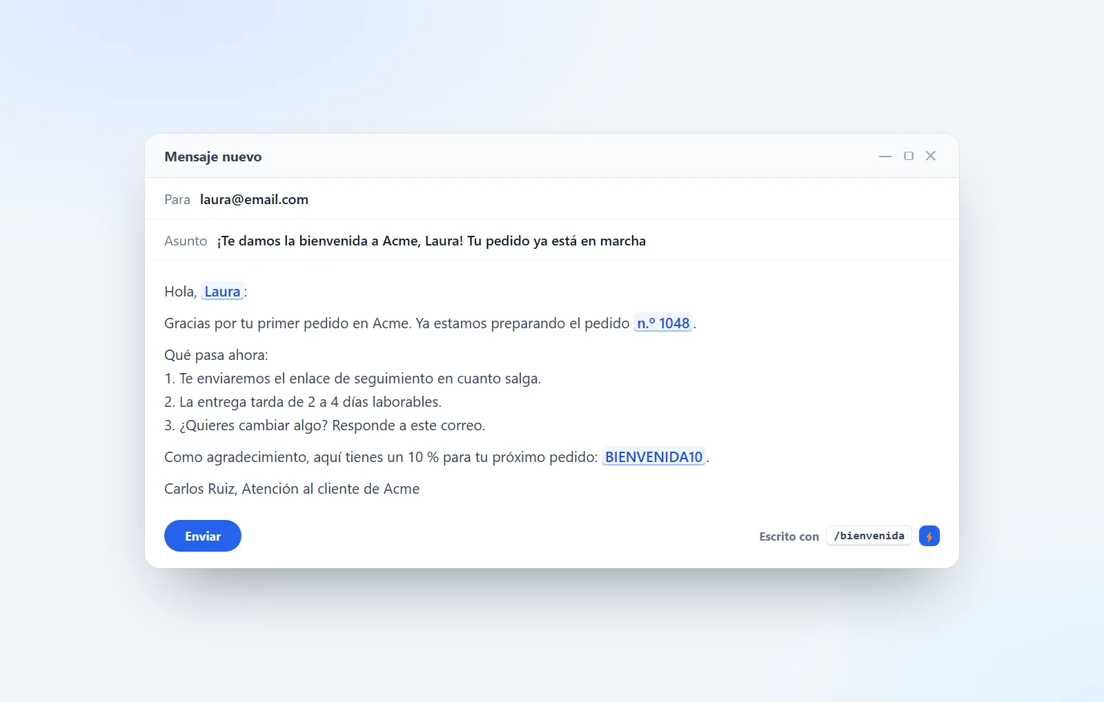 Ejemplo de correo de bienvenida para un cliente nuevo de una tienda online, con próximos pasos numerados y firma
