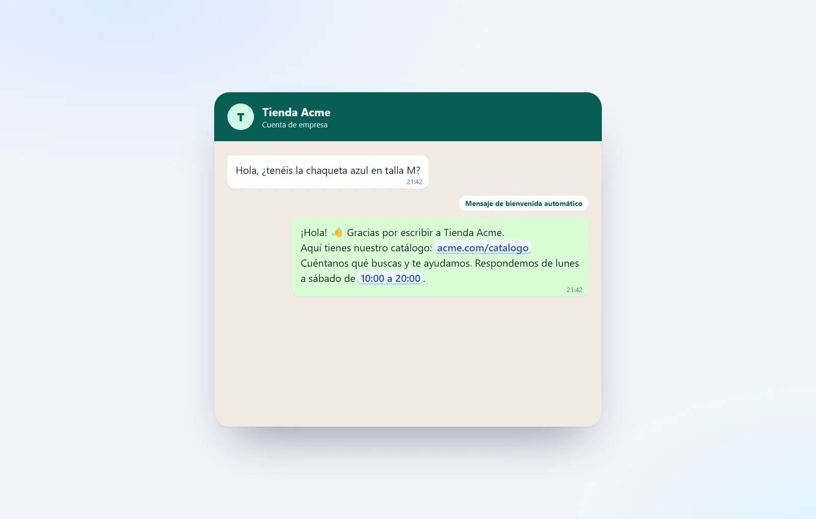 Mensaje de bienvenida automático de una tienda en un chat de WhatsApp Business