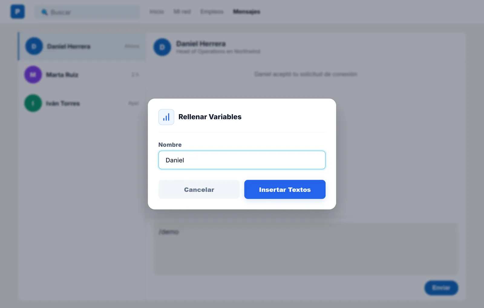Cuadro de NexoPad para rellenar el nombre antes de insertar un mensaje