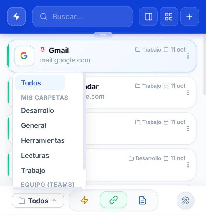 Menú de categorías de enlaces en el popup de NexoPad