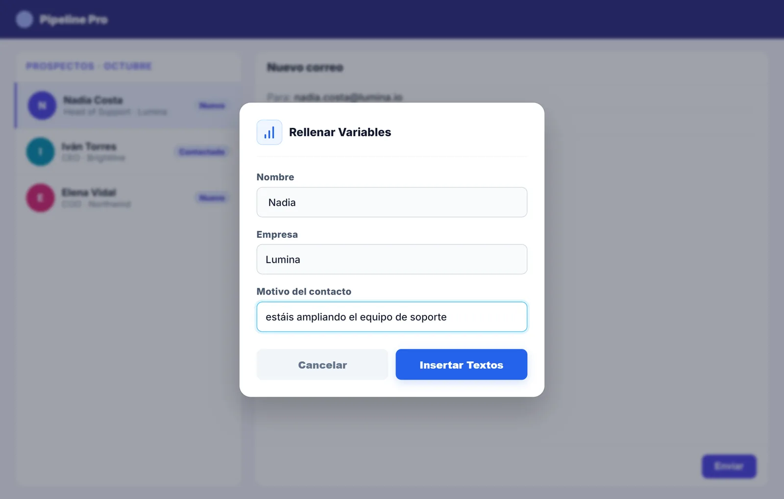 Cuadro de NexoPad para rellenar nombre, empresa y motivo del contacto