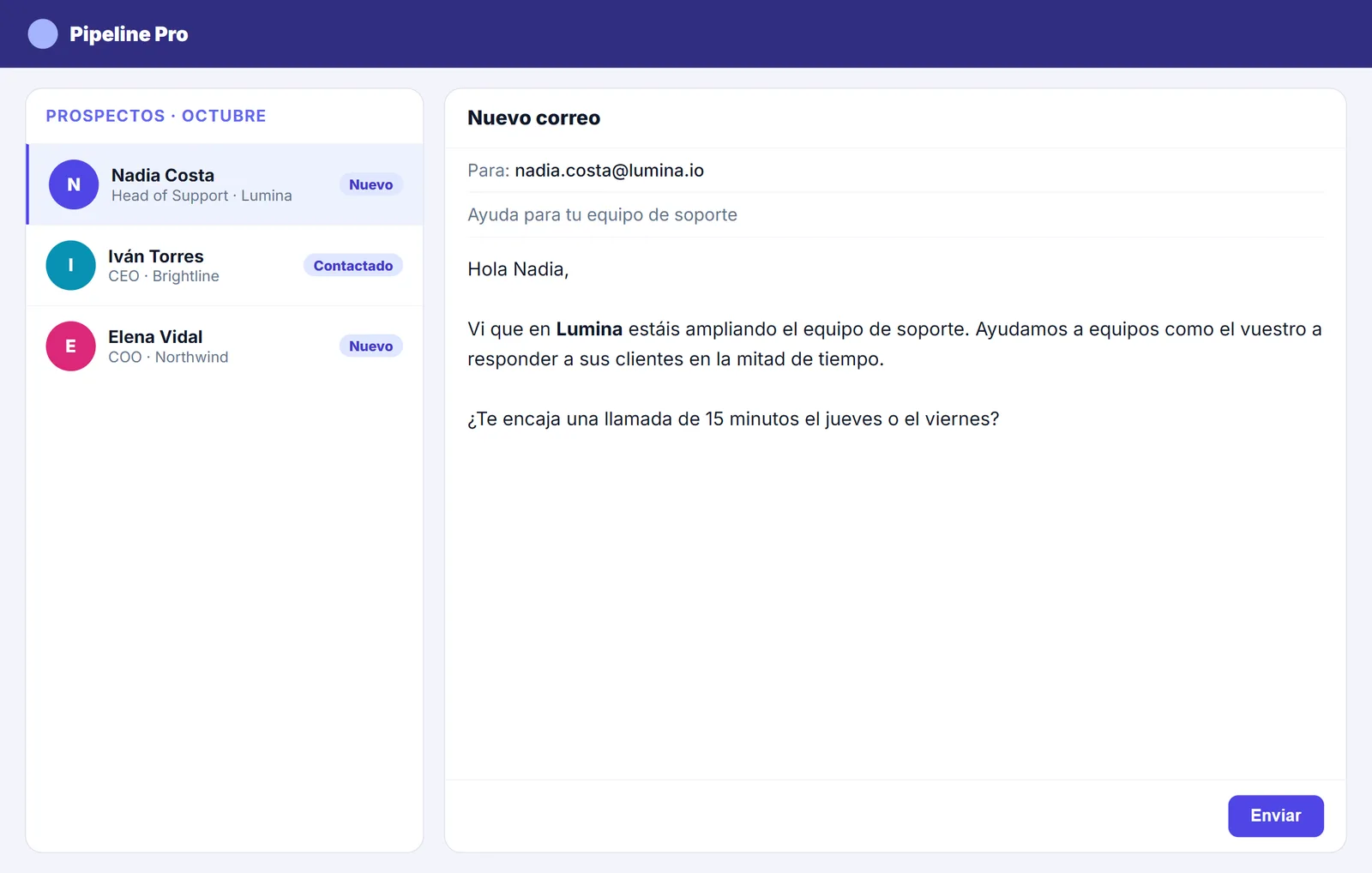 Correo en frío personalizado escrito en un CRM de prospección
