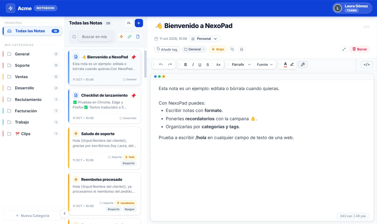 Notebook de NexoPad con una nota con formato