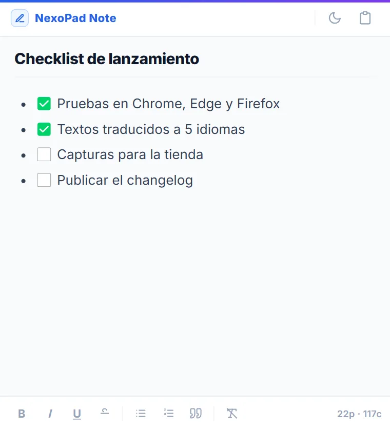 Nota flotante de NexoPad con una lista de tareas