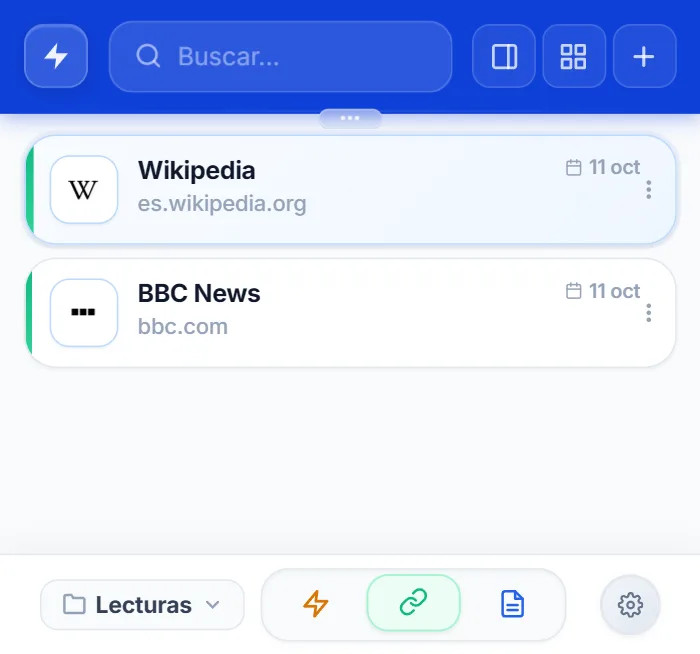 Enlaces de la categoría Lecturas en el popup de NexoPad