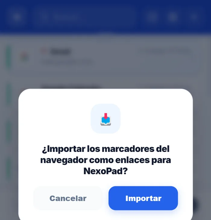 Ventana de NexoPad para importar los marcadores del navegador