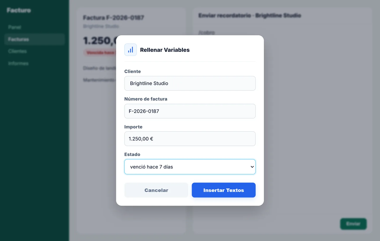 Cuadro de NexoPad para rellenar cliente, factura, importe y estado del pago