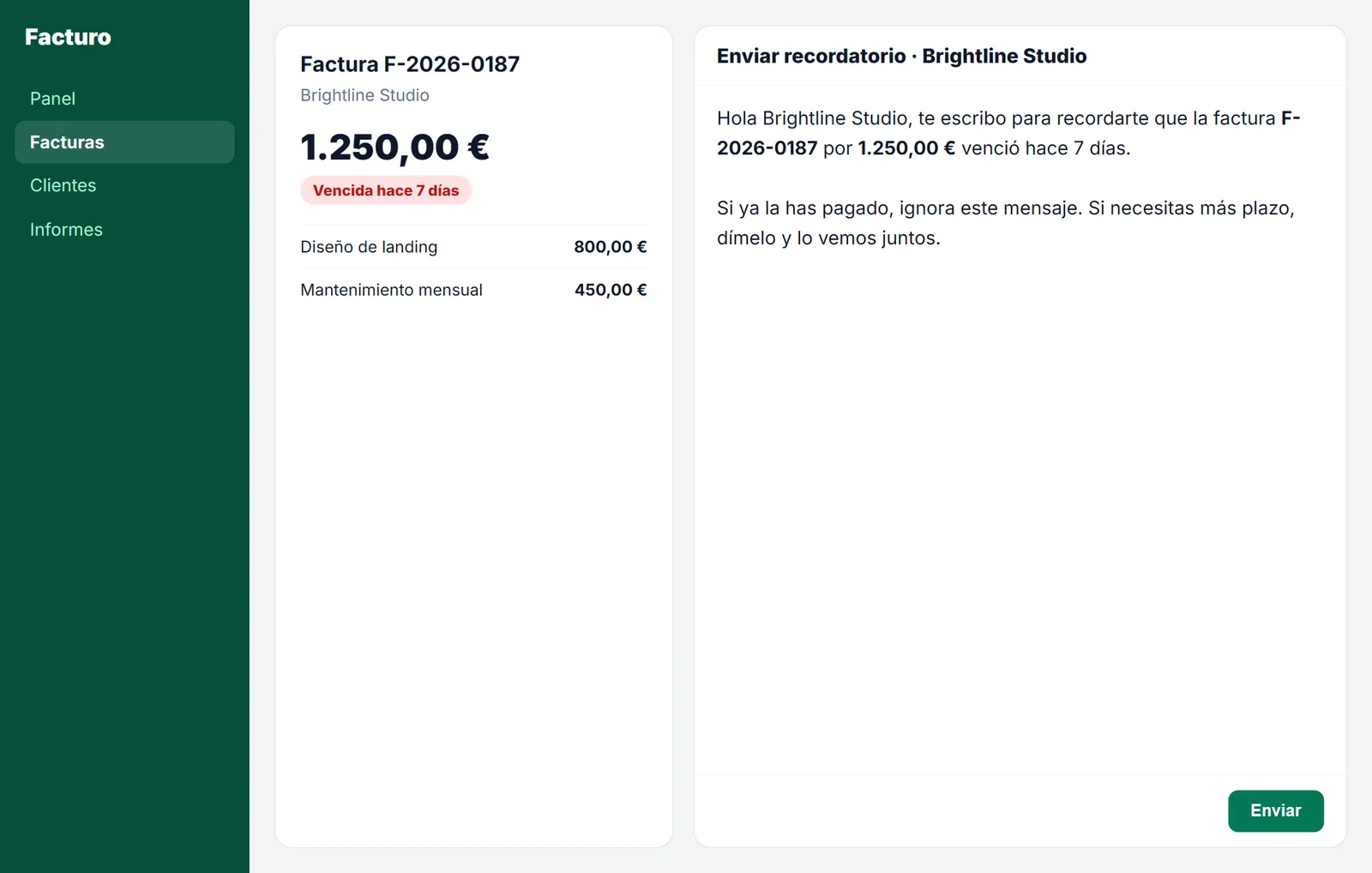 Recordatorio de pago insertado en una herramienta de facturación