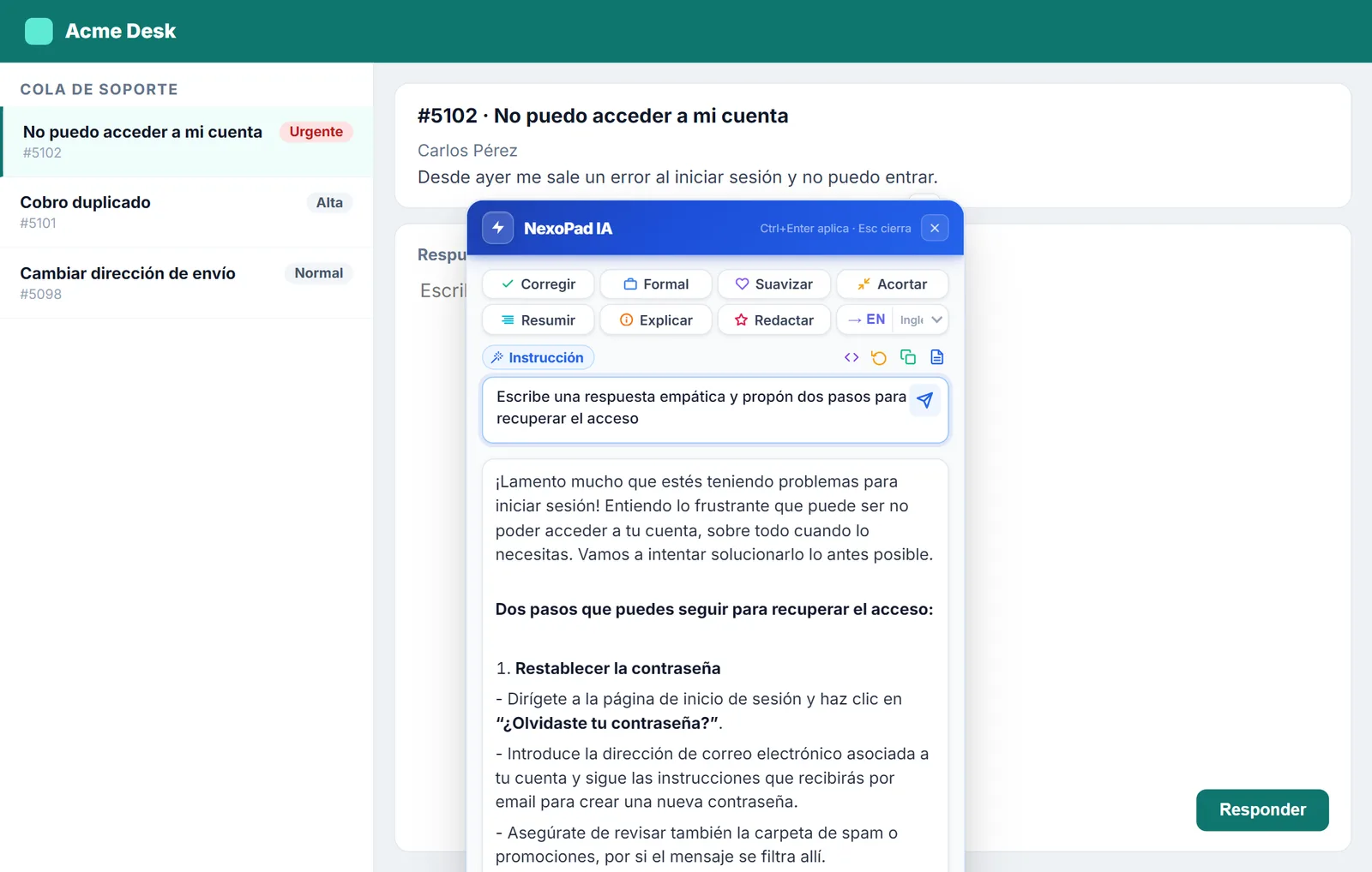 Instrucción de IA de NexoPad sobre un ticket de soporte con la respuesta generada