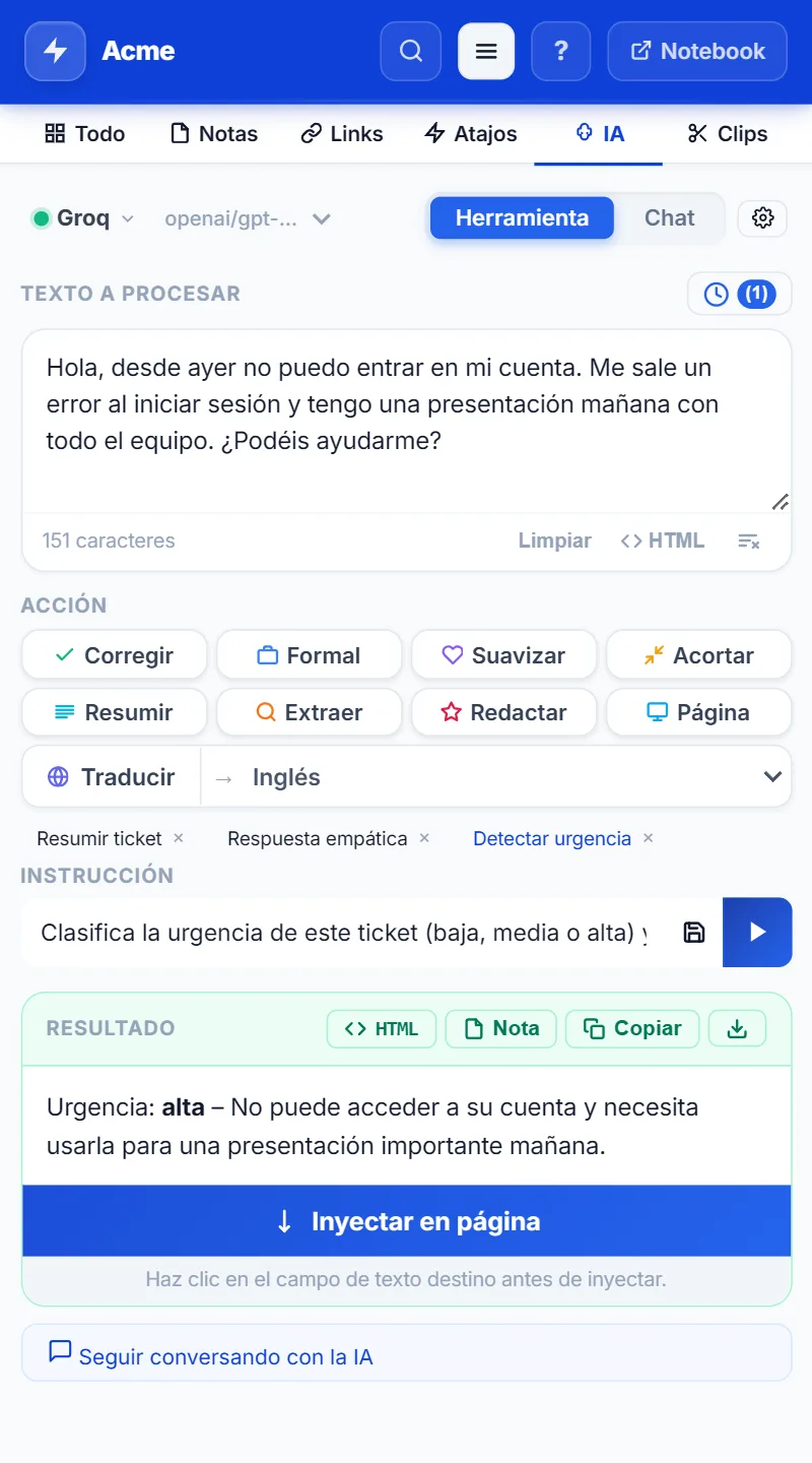 Panel lateral de NexoPad con instrucciones de IA guardadas y el resultado de detectar urgencia