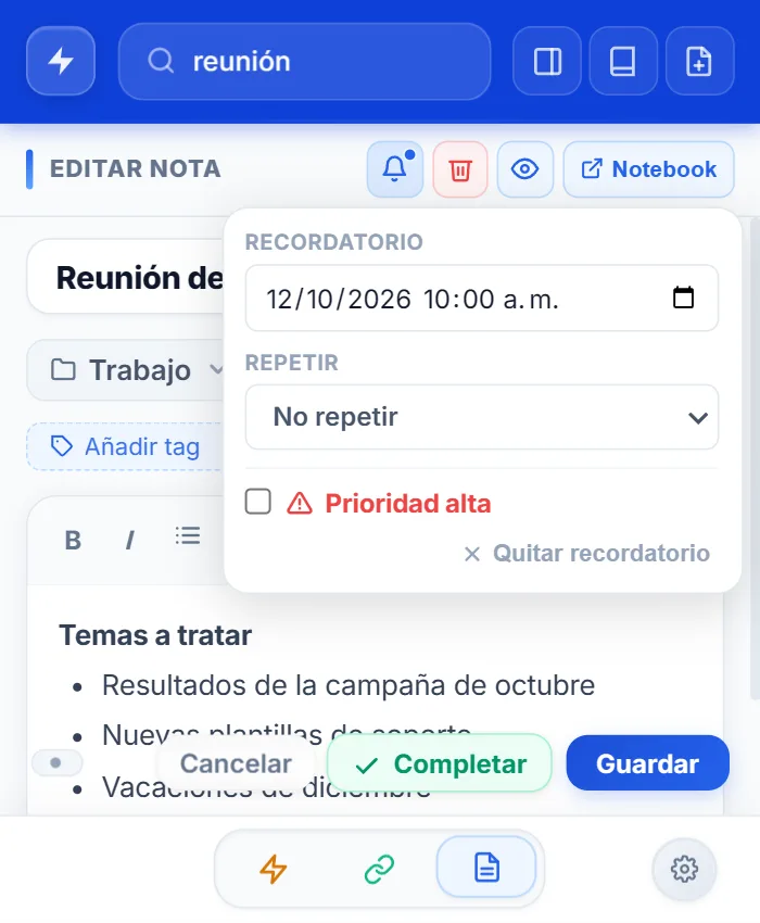 Editor de nota de NexoPad con el selector de recordatorio abierto