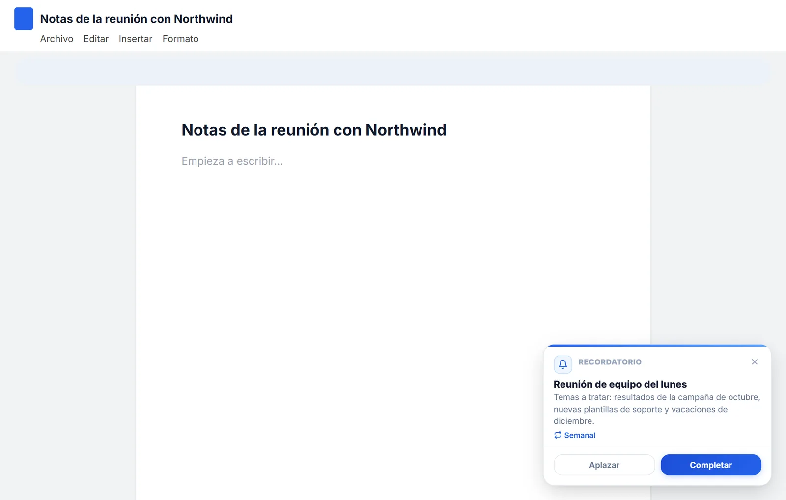 Aviso de recordatorio de NexoPad dentro de un documento con los botones Aplazar y Completar