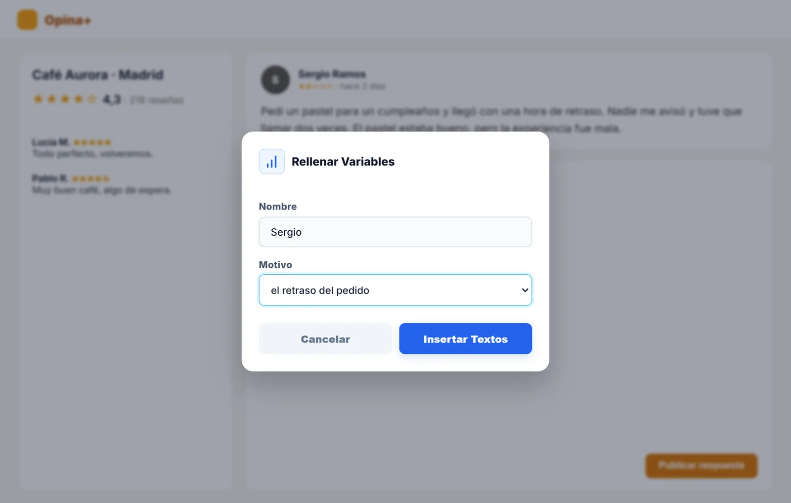 Cuadro de NexoPad para elegir el nombre y el motivo de la queja