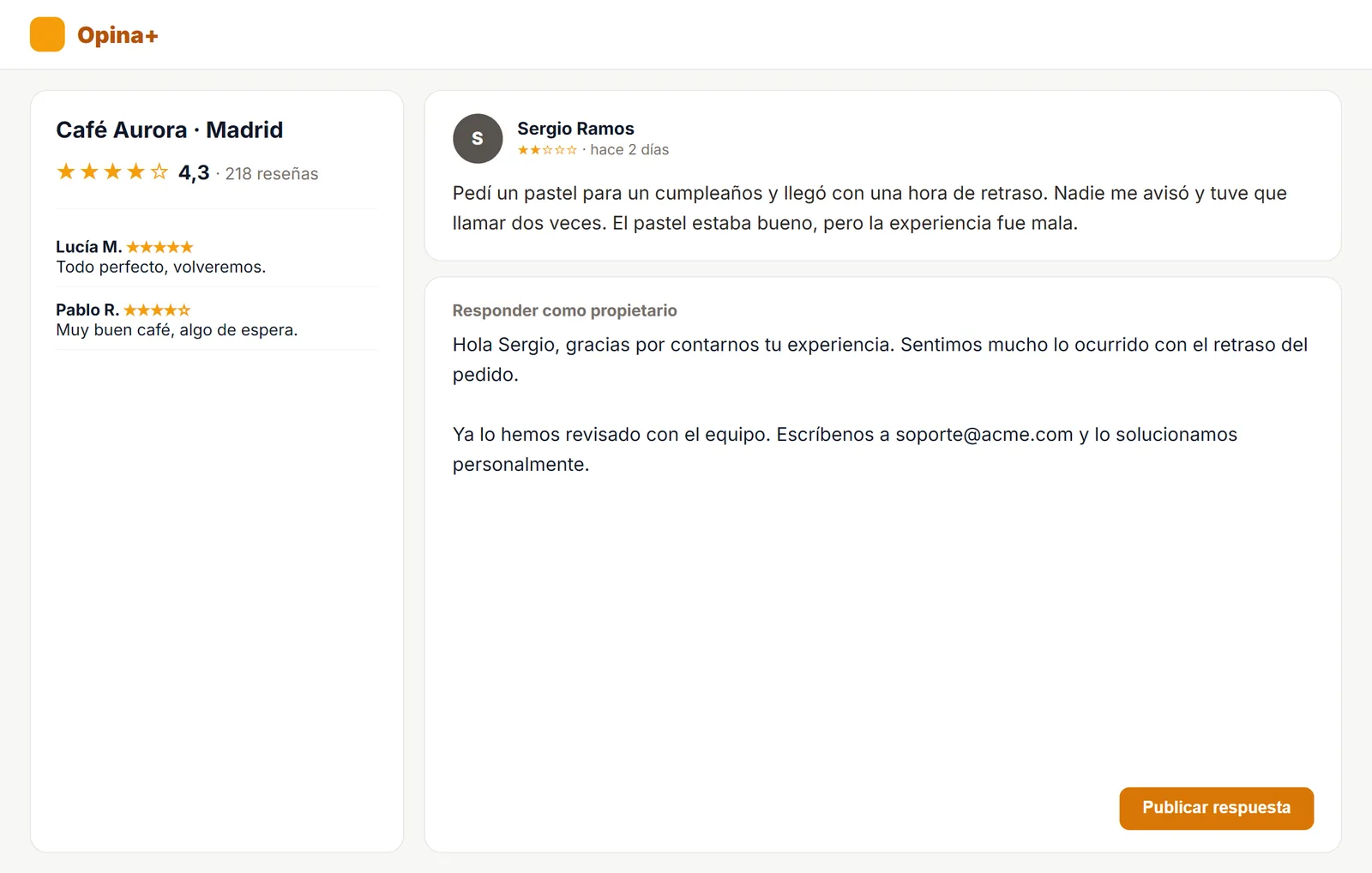 Respuesta a una reseña negativa escrita en una plataforma de reseñas