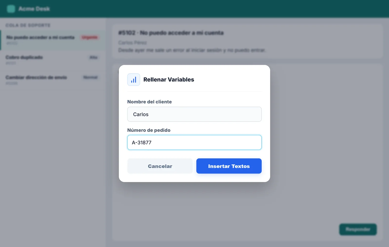 Cuadro de NexoPad pidiendo el nombre del cliente y el número de pedido