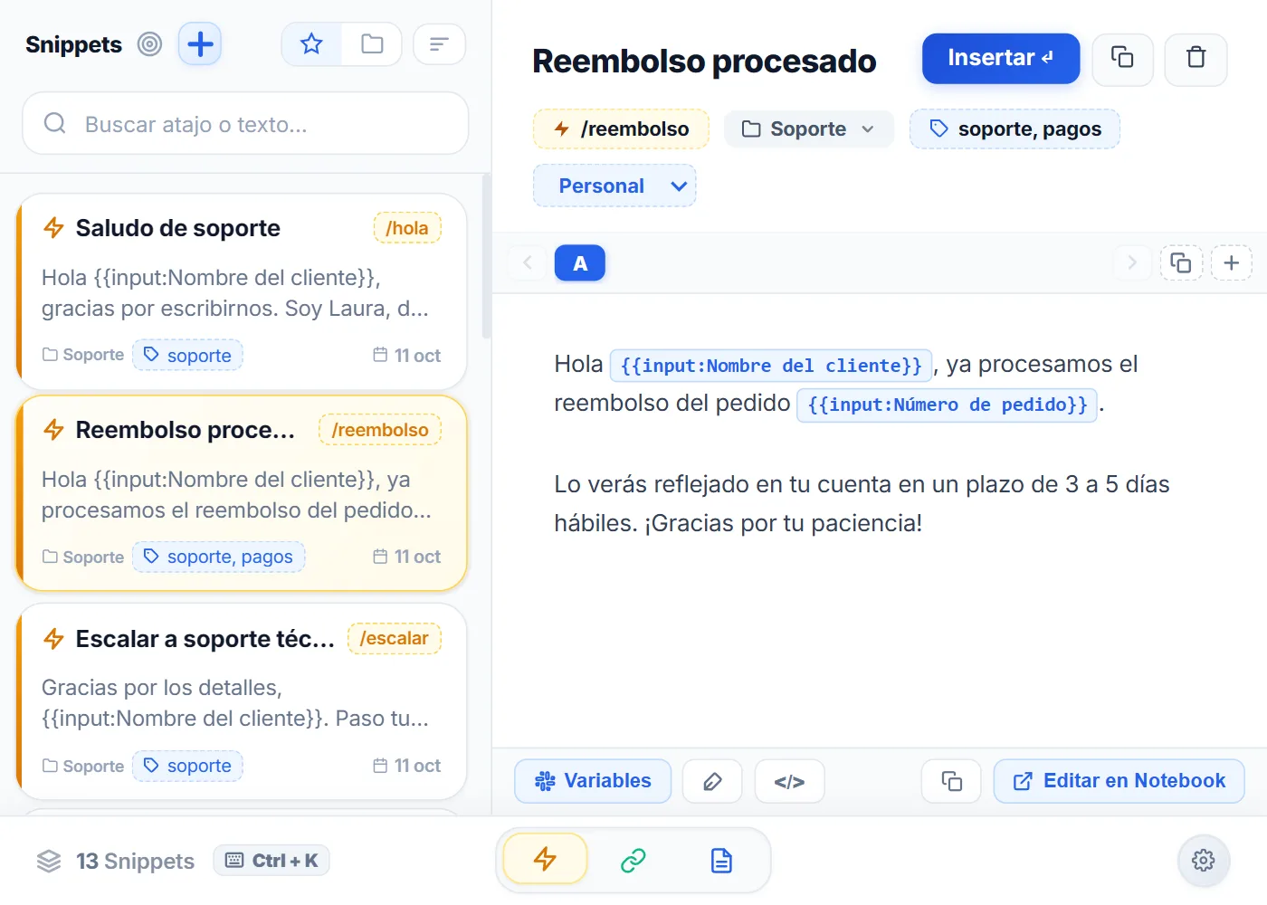 Vista Snippets de NexoPad con la plantilla de reembolso abierta