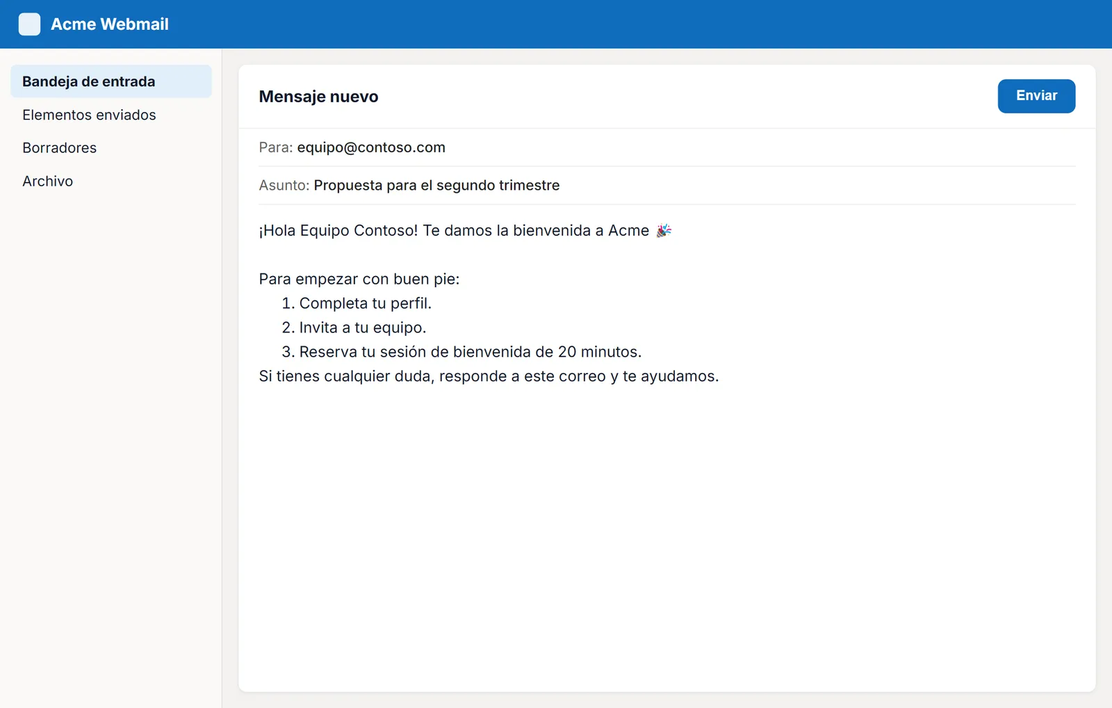 Correo de bienvenida con pasos numerados insertado en un correo web