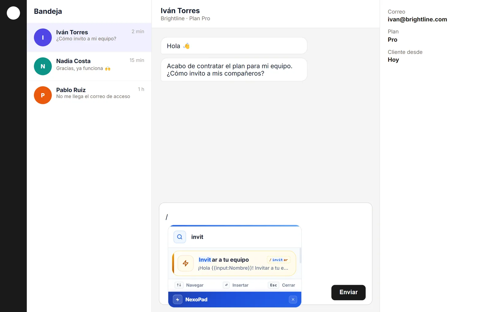 Buscador // de NexoPad en un chat de soporte