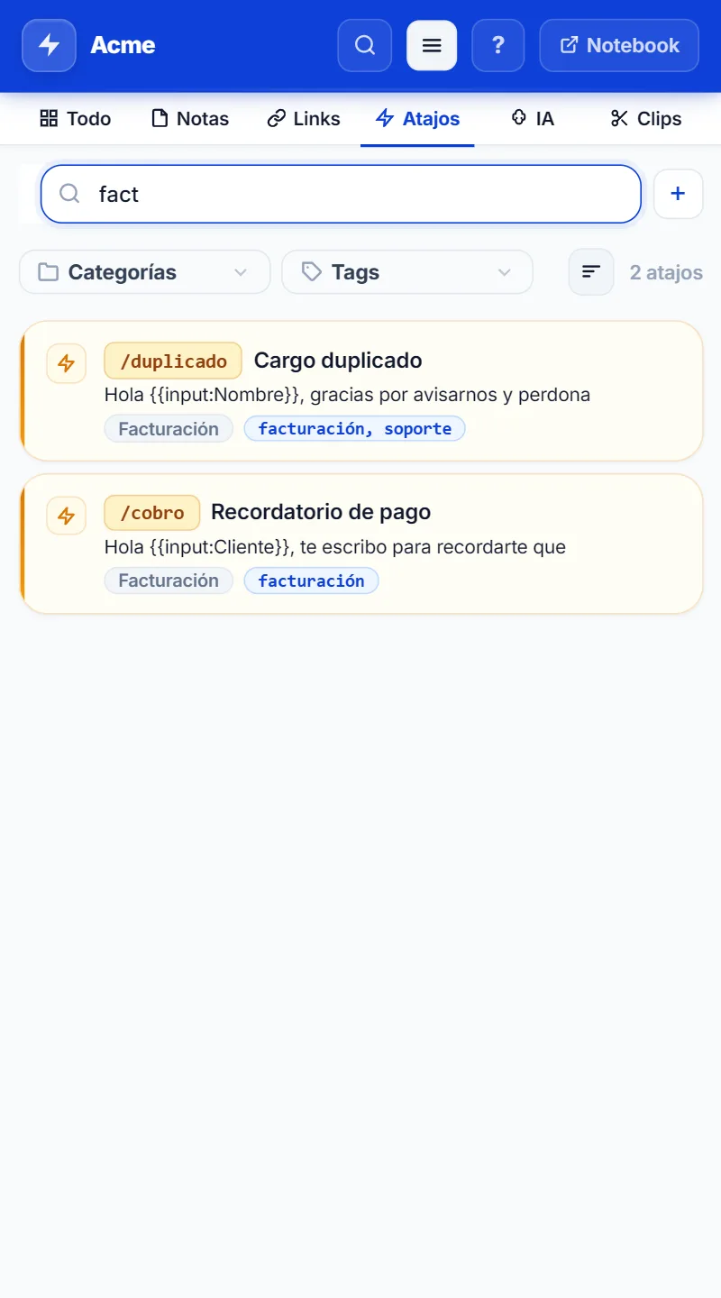 Panel lateral de NexoPad con la búsqueda de atajos de facturación