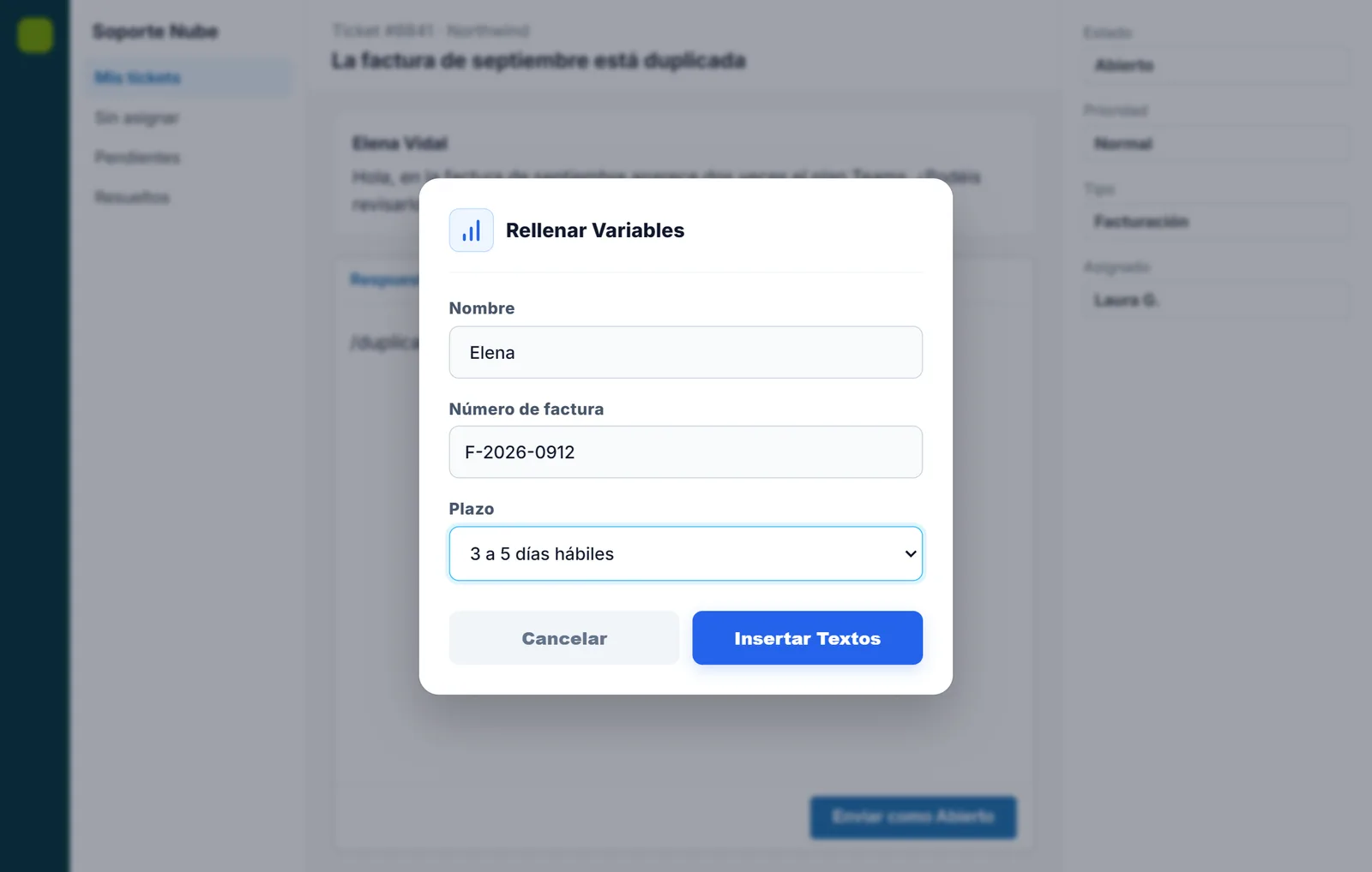 Cuadro de NexoPad para rellenar nombre, factura y plazo dentro de una herramienta de tickets