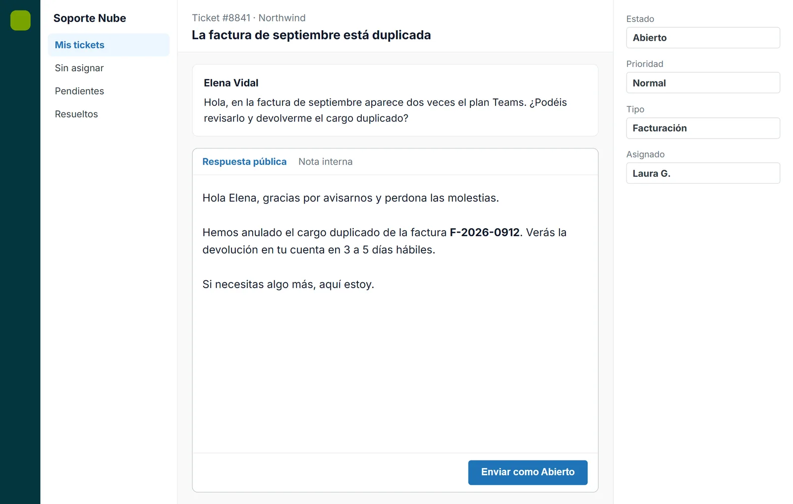 Respuesta sobre un cargo duplicado insertada en un ticket