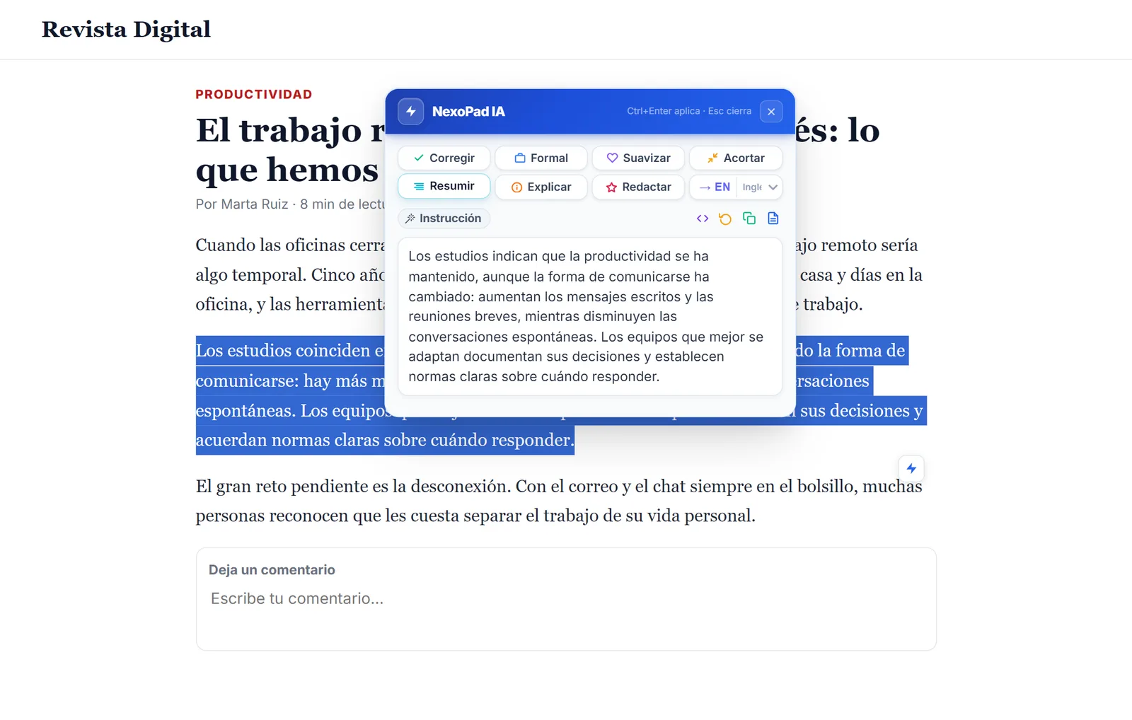 Resumen con IA de un párrafo seleccionado en un artículo