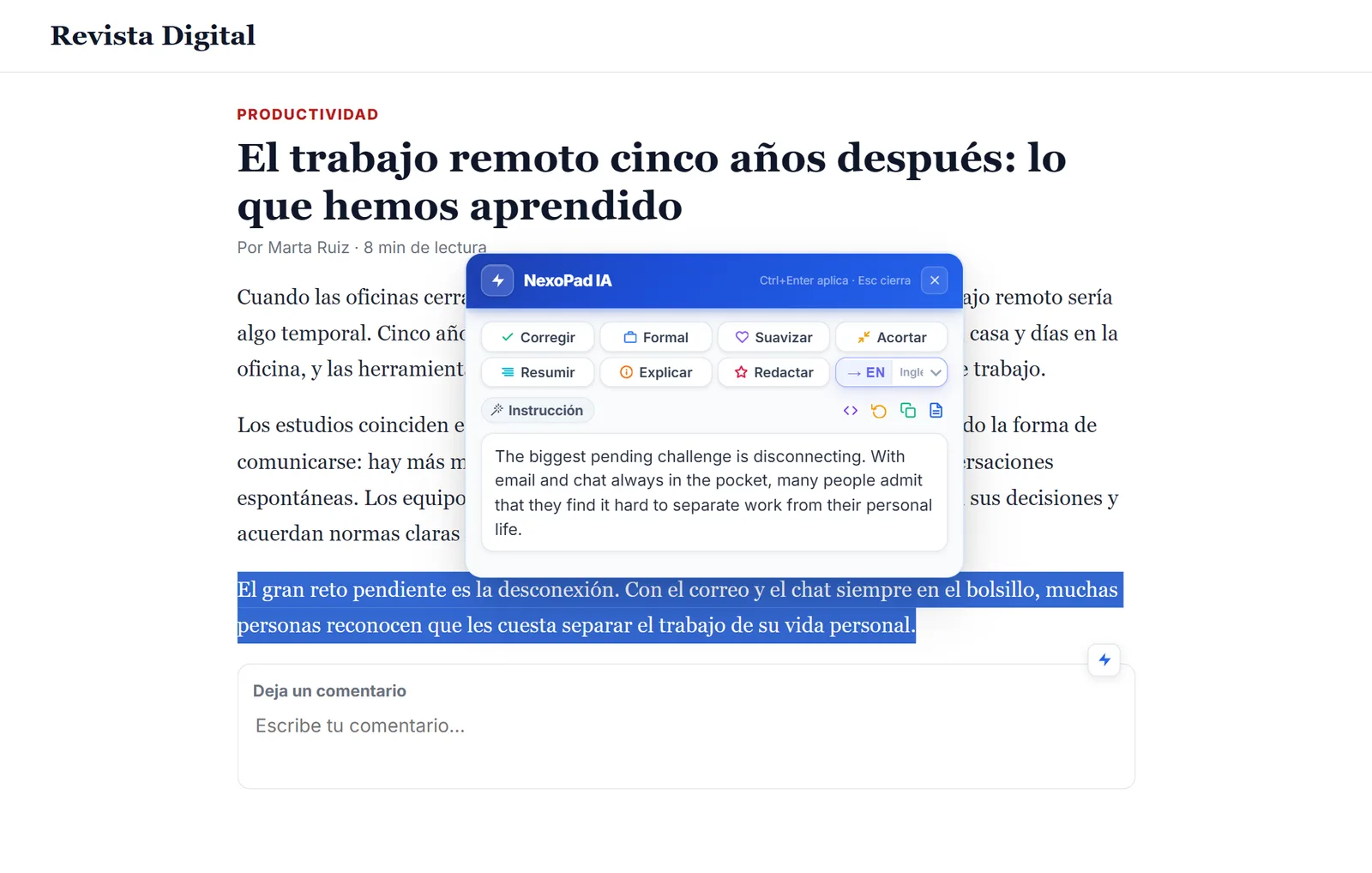 Traducción con IA de un párrafo seleccionado en un artículo