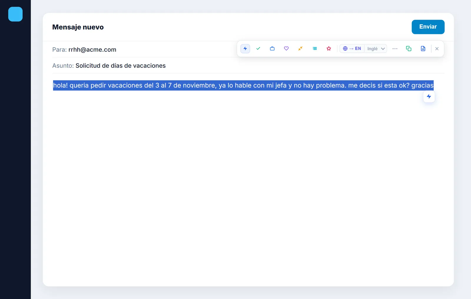 Borrador informal seleccionado en un correo con la barra de IA de NexoPad