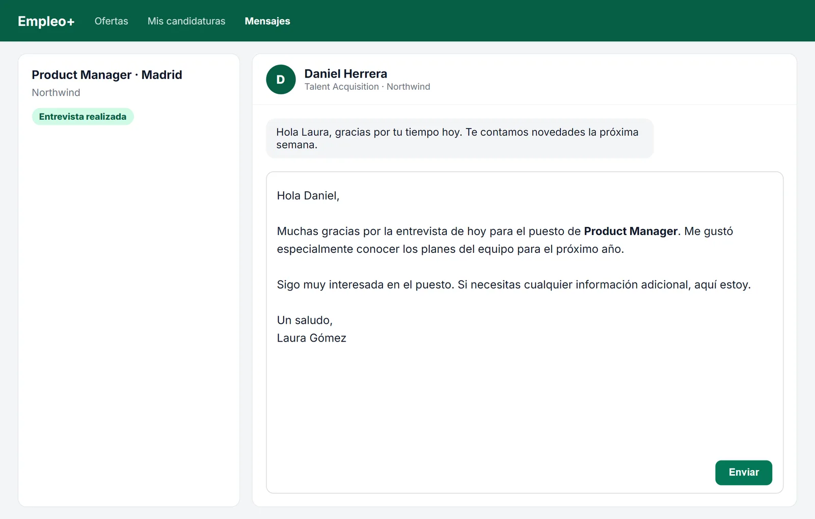 Correo de agradecimiento tras la entrevista en un portal de empleo
