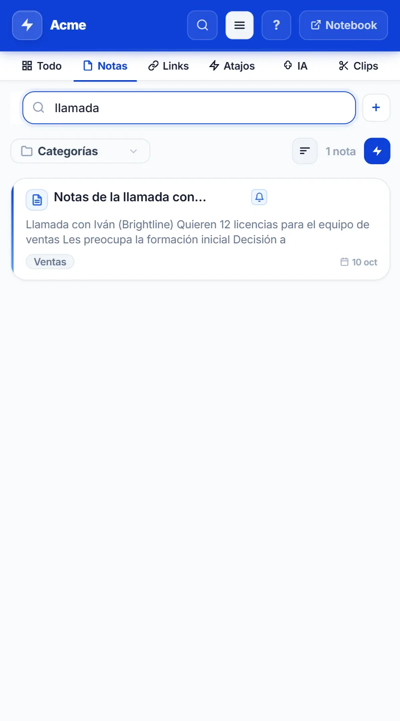 Panel lateral de NexoPad con la búsqueda de notas
