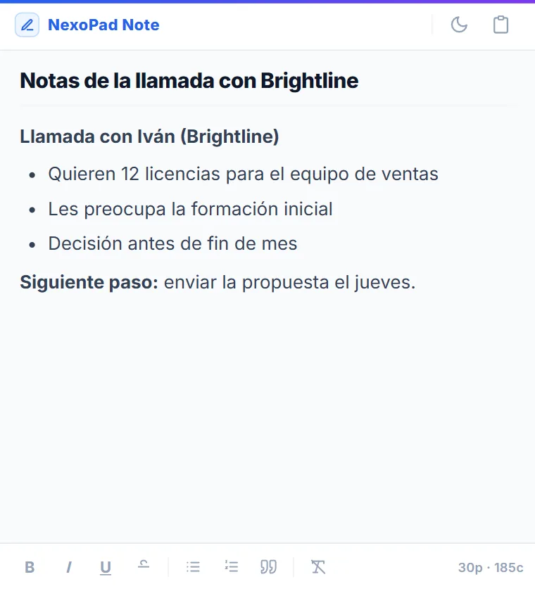 Nota flotante de NexoPad con las notas de una llamada con un cliente